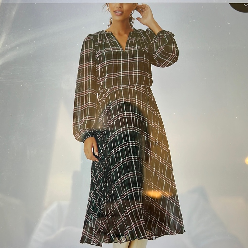 Ann Taylor Plaid Pleated MIDI Dress